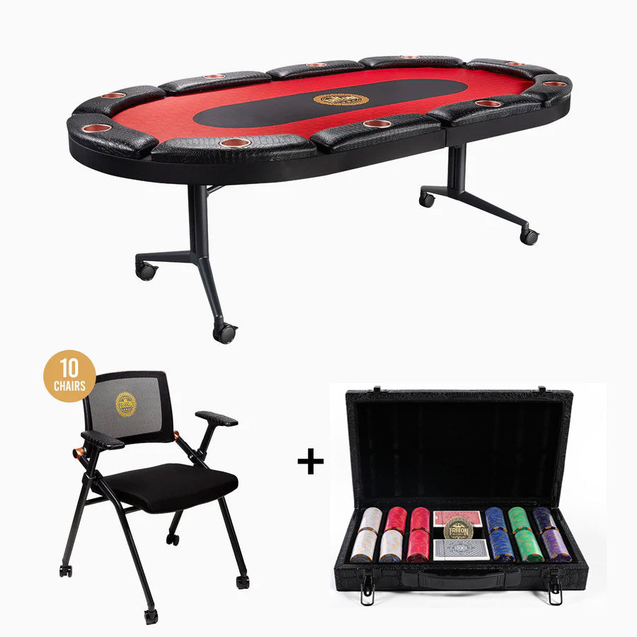 Triton Premium Folding 10 Player Poker Table + 10 Folding Poker Chairs with Castors + Premium Poker Chip Sets