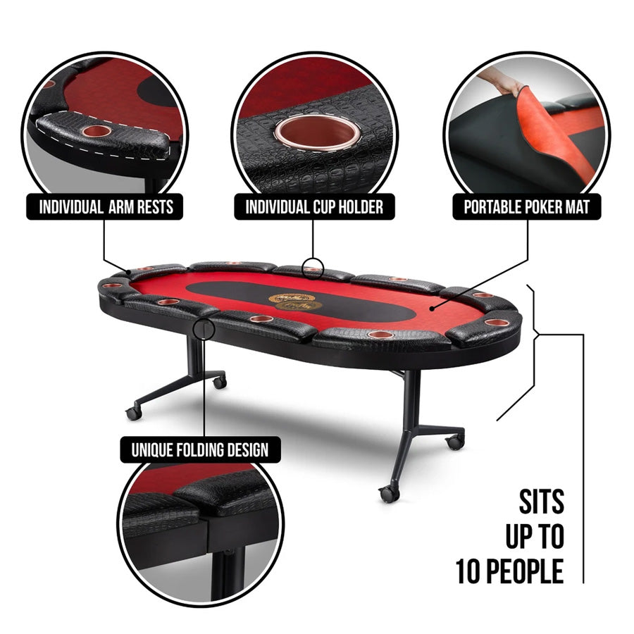 10 Player Poker Table + 10 Chairs + 1 Extra Mat + 2 Side Tables + 8 Decks of Cards