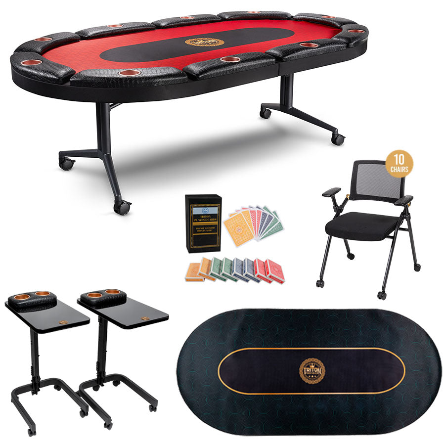 10 Player Poker Table + 10 Chairs + 1 Extra Mat + 2 Side Tables + 8 Decks of Cards